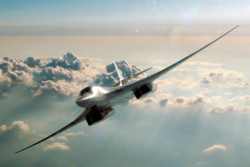 In this undated photo released Tuesday April 13, 2021, by Russian Defense Ministry Press Service, A Tu-160 strategic bomber of the Russian air force is shown on a training mission somewhere in Russia. Russian Defense Minister Sergei Shoigu on Tuesday described a massive military buildup in western Russia as part of drills intended to check the armed forces' readiness amid the threats posed by NATO. (Vadim Savitsky/Russian Defense Ministry Press Service via AP)