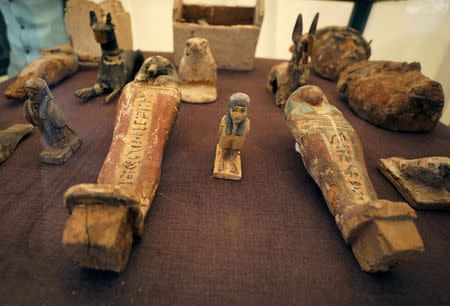 Statues on display outside a newly discovered pharaonic tomb "Shedsu Djehuty" in Luxor, Egypt April 18, 2019. REUTERS/Mohamed Abd El Ghany