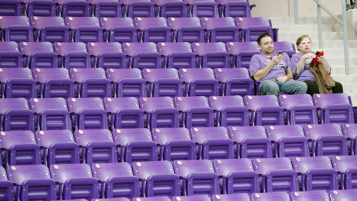 Sections that were crowded earlier only held the most die-hard fans late during the CFP national championship football game watch party at Schollmeier Arena, in Fort Worth, Texas, Monday, Jan. 9, 2023. The Georgia Bulldogs defatted TCU Horned Frogs 65-7.