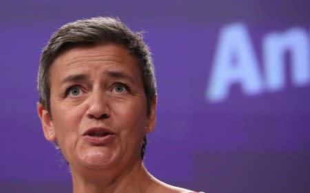 European Competition Commissioner Margrethe Vestager addresses a news conference on an antitrust case in Brussels