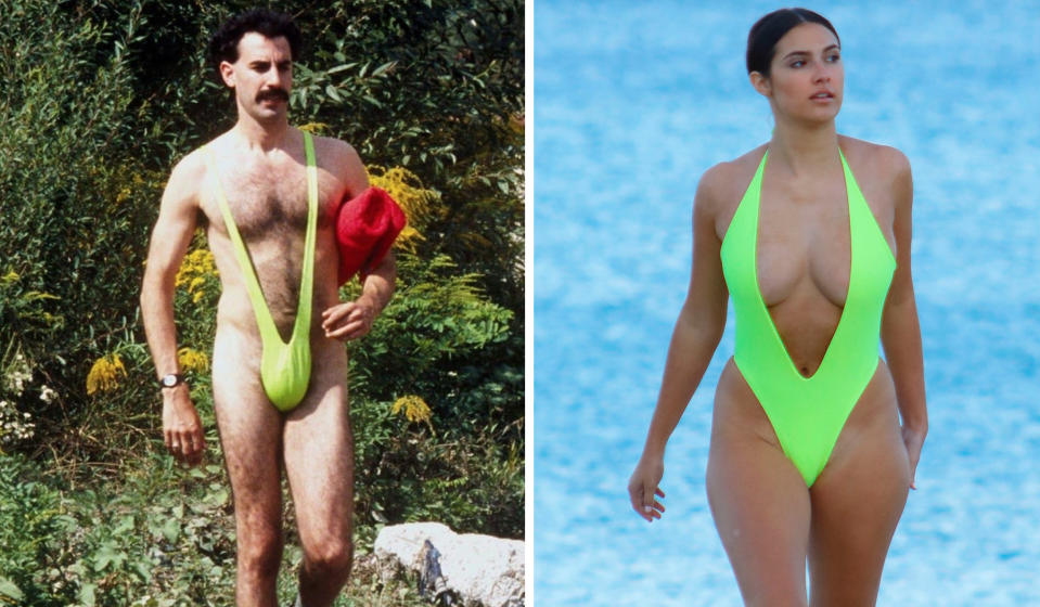 Zum Verwechseln ähnlich – der Mankini von Borat und der sexy Badeanzug von Tao Wickrath. (Bild: ddp Images/Splash News) yahoo style deutsch