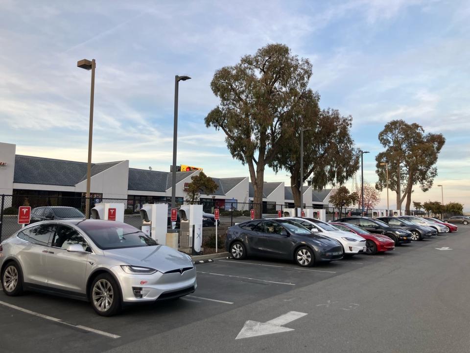 Teslas parked at Supercharger stations in San Francisco