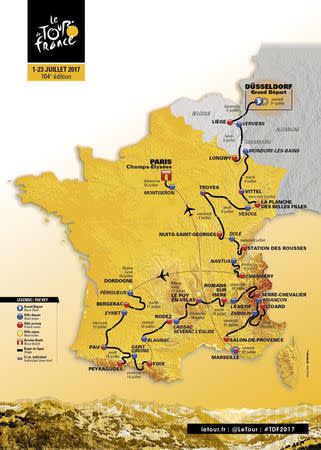 A map of the itinerary of the 2017 Tour de France cycling race is presented during a news conference in Paris in this handout picture released by ASO, on October 18, 2016. REUTERS/Handout