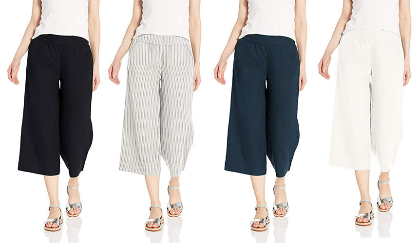 Daily Ritual Linen Wide-Leg Crop Pants in Black, Dark Grey/White Stripe, Navy and White . (Photo: Amazon)