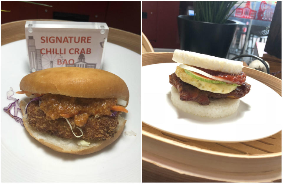 Chilli Crab Bao and Nasi Lemak Burger by No Signboard’s Hawker fast food chain. (Photos: Yahoo Lifestyle Singapore)