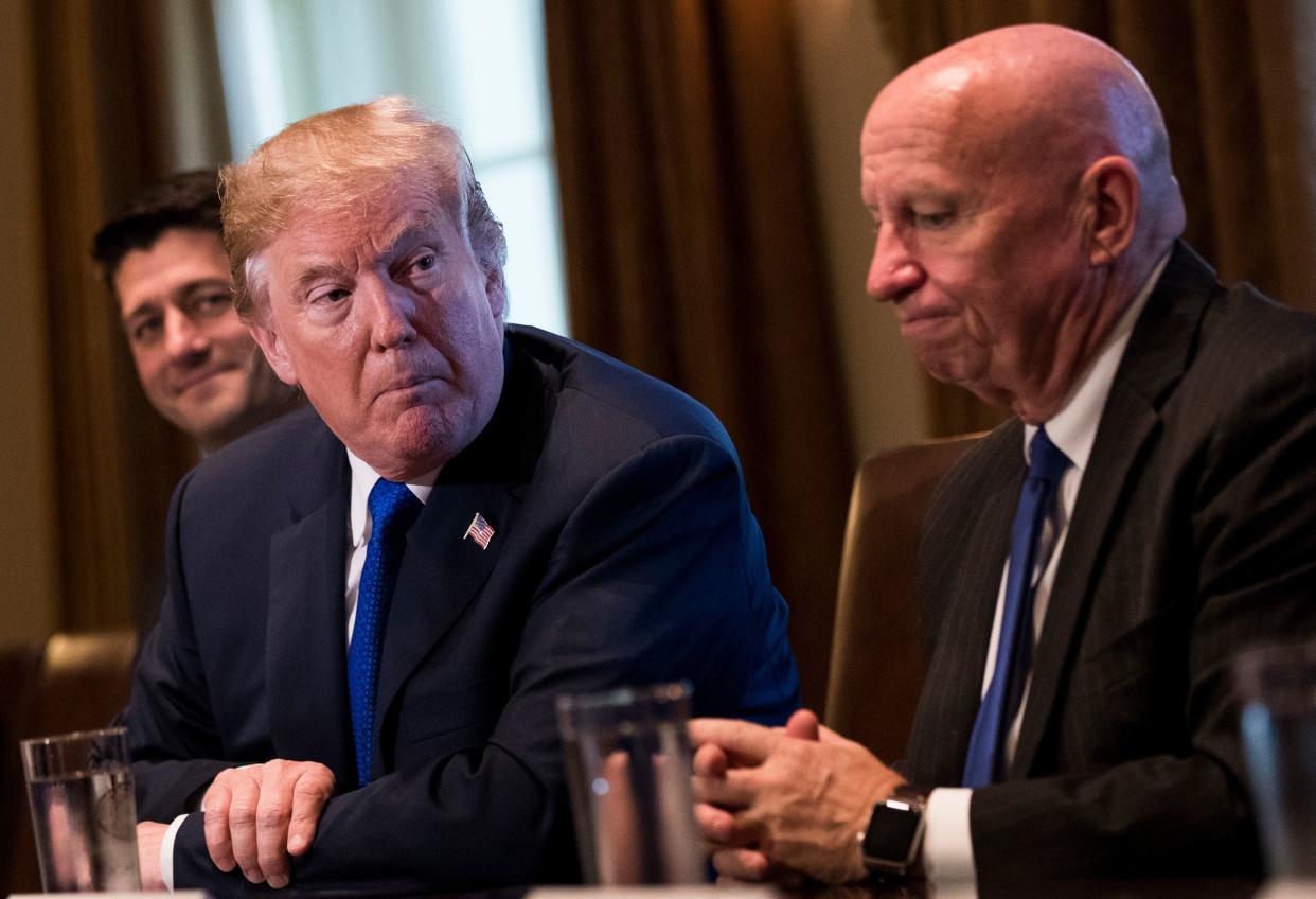 President Donald Trump, flanked by Speaker Paul Ryan and Rep. Kevin Brady, pitches the GOP's tax plan on Nov. 2. (Photo: Drew Angerer/Getty Images)