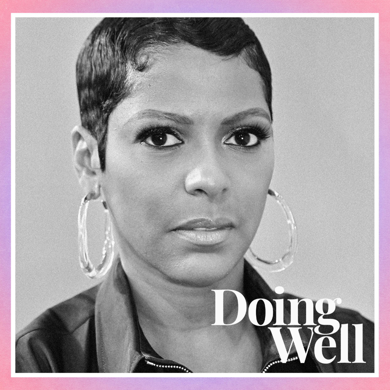 Black and white photo of Tamron Hall with copy that says "Doing Well". 