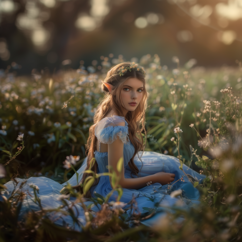 AI-generated image of woman sitting in flower field