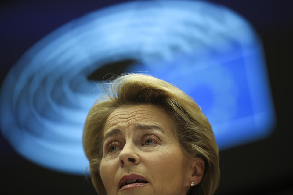 European Commission President Ursula von der Leyen addresses European lawmakers during the plenary session at the European Parliament in Brussels, Wednesday, Jan. 29, 2020. The U.K. is due to leave the EU on Friday, Jan. 31, 2020, the first nation in the bloc to do so. (AP Photo/Francisco Seco)