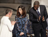 The Peace Price laureates Nadia Murad and Dr. Denis Mukwege, right, talk with Chair of the Nobel Committee Berit Reiss-Andersen before being presented with the prize, during the Nobel Peace Prize Ceremony in Oslo Town Hall, Oslo, Monday Dec. 10, 2018. Dr. Denis Mukwege from Congo and Nadia Murad from Iraq jointly receive the Nobel Peace Prize for their efforts to end the use of sexual violence as a weapon of war and armed conflict. (Berit Roald / NTB scanpix via AP)