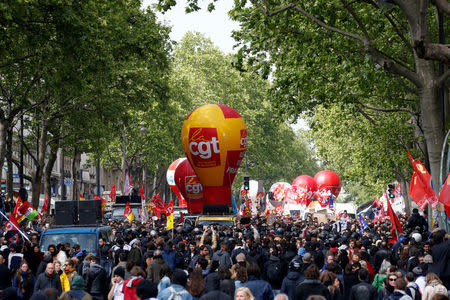 Balloons of French Trade Union CGT float over the traditional May Day labour union march in Paris, France, May 1, 2017. REUTERS/Gonzalo Fuentes