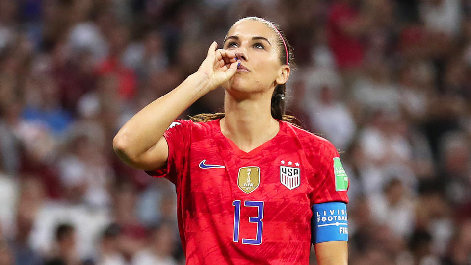 Alex Morgan of the USA celebrates after scoring her team's second goal during the 2019 FIFA Women's World Cup France Semi Final match between England and USA at Stade de Lyon on July 02, 2019 in Lyon, France. (Photo by Catherine Ivill - FIFA/FIFA via Getty Images)