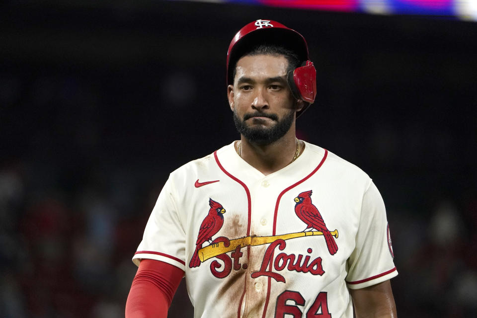 St. Louis Cardinals' Jose Rondon walks off the field following a 6-5 loss to the Chicago Cubs in a baseball game Saturday, Oct. 2, 2021, in St. Louis. (AP Photo/Jeff Roberson)