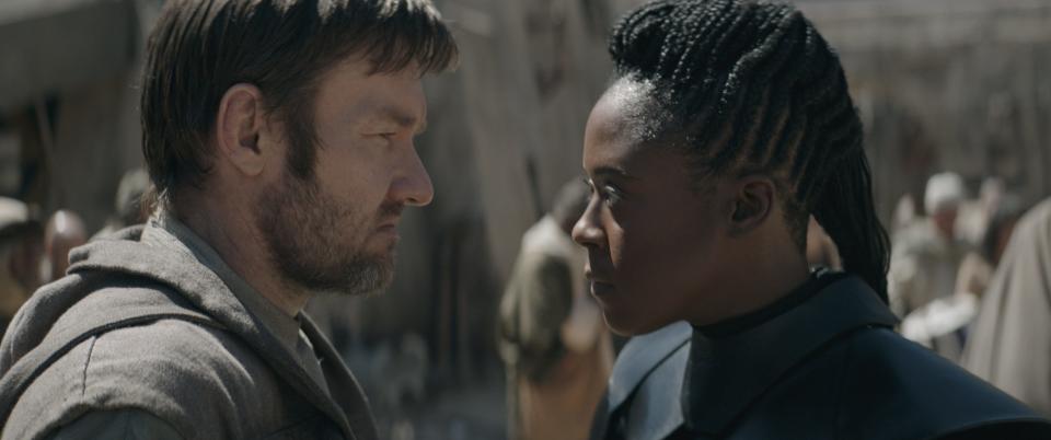 Reva (Moses Ingram), an Imperial Inquisitor, interrogates Owen Lars (Joel Edgerton) looking for Jedi in "Obi-Wan Kenobi."