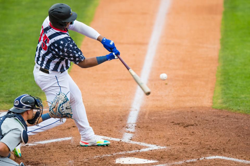 Amarillo Sod Poodles infielder Leandro Cedeno (35) against the Northwest Arkansas Naturals on Saturday, July 2, 2022, at HODGETOWN in Amarillo, Texas.