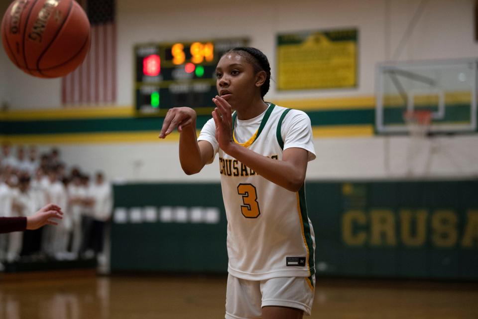 Lansdale Catholic sophomore Sanyiah Littlejohn passes the ball during their game against Bonner and Prendergast Catholic at Lansdale Catholic High School on Tuesday, Jan. 10, 2023.