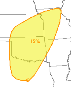 The National Weather Service's Storm Prediction Center Tuesday made public this graphic illustrating its prediction of a 15% chance of severe storms developing Saturday within 25 miles of any point in the area shown in yellow on this map, which includes much of Kansas.