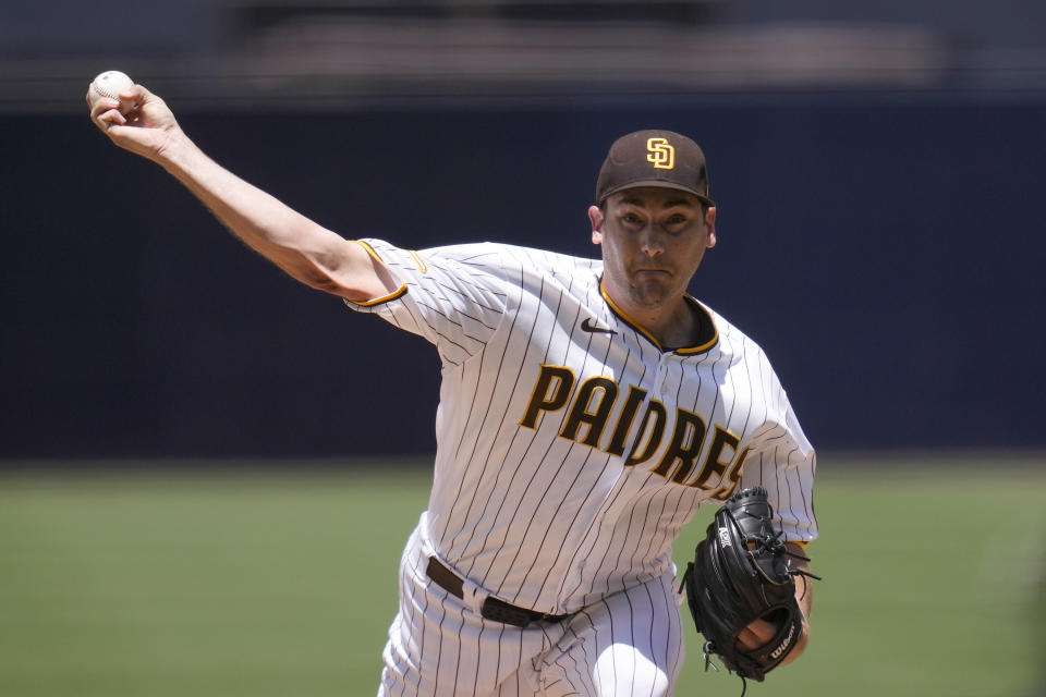 San Diego Padres starting pitcher Seth Lugo works against a Pittsburgh Pirates batter during the first inning of a baseball game Wednesday, July 26, 2023, in San Diego. (AP Photo/Gregory Bull)