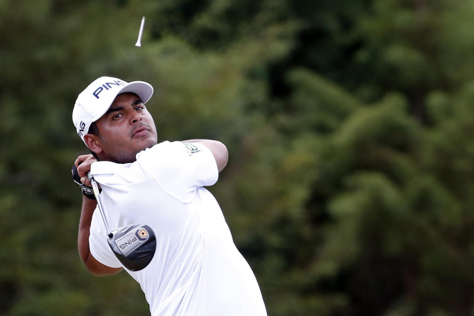 Sebastian Munoz, of Colombia, hits from the third tee during the final round of the Sanderson Farms Championship golf tournament in Jackson, Miss., Sunday, Sept. 22, 2019. (AP Photo/Rogelio V. Solis)