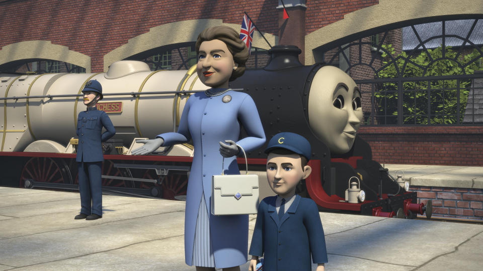 En esta fotografía proporcionada el 27 de abril de 2020 por Mattel, una escena con la reina Isabel de Gran Bretaña y el príncipe Carlos de niño en el especial animado “Thomas & Friends: The Royal Engine” que será estrenado para celebrar el 75 aniversario de Thomas The Tank Engine. El especial se transmitirá en Netflix el 1 de mayo de 2020 y en Gran Bretaña por Channel 5 el 2 de mayo. (Mattel via AP)