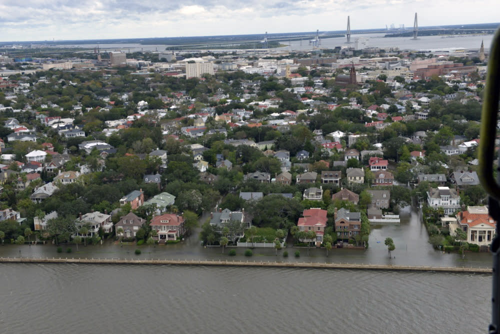 An aerial view of a flooded neighborhood.