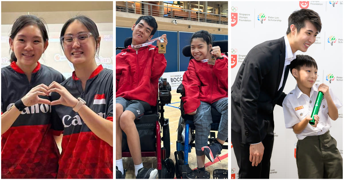 (From left) Singapore youth bowlers Ning Tay and Colleen Pee at the Asian Youth Tenpin Bowling Championships, boccia athletes Aloysius Gan and Yan Jia Yi at the World Boccia Youth Championships, and shuttler Loh Kean Yew with a recipient of the SOF-Peter Lim Scholarship. (PHOTOS: Singapore Bowling Federation/Singapore Disability Sports Council/Singapore Olympic Foundation)