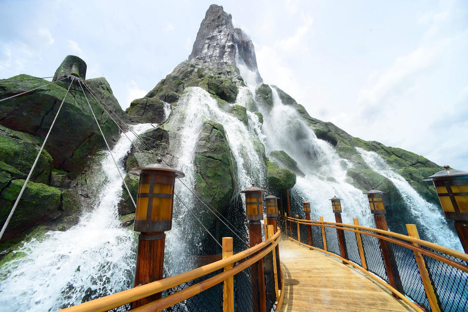 Water rushes from the 200-foot Krakatau volcano at Volcano Bay in Universal Resort Orlando