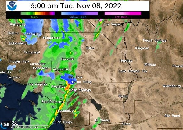 A Pacific storm on Tuesday is expected to bring a cold front, with a long line of heavy rain, isolated thunderstorms and strong wind gusts to the Victor Valley.