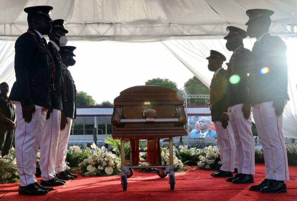 Soldiers of the Armed Forces of Haiti guard the casket of slain President Jovenel Moïse at his funeral on July 23, 2021, in Cap-Haitien, Haiti.