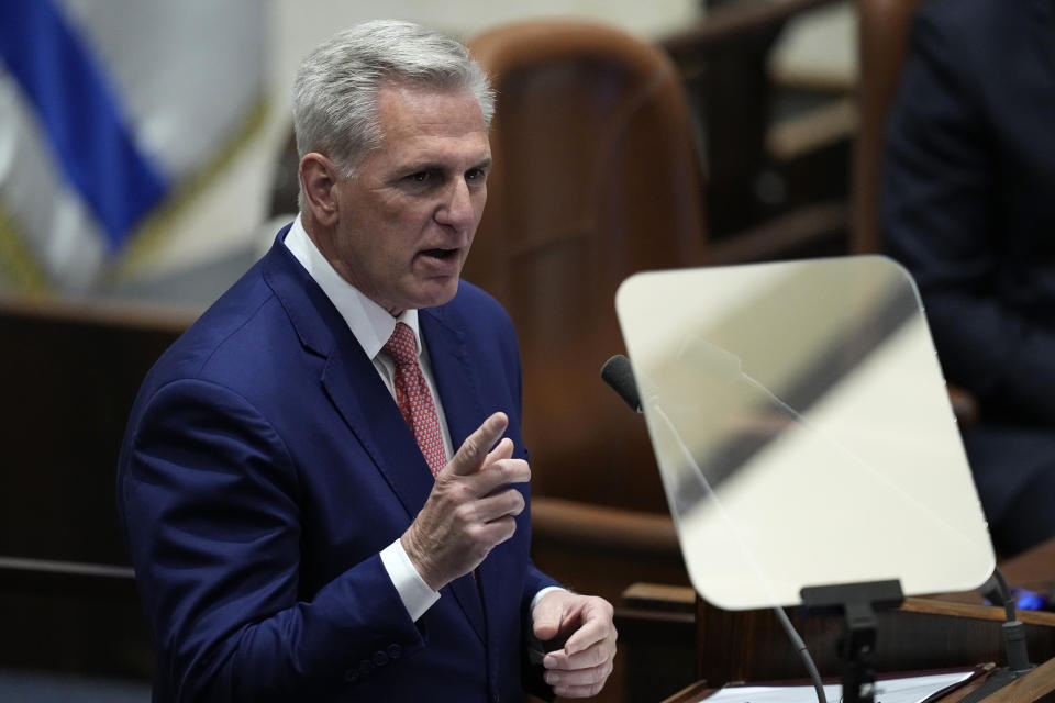 U.S. Speaker of the House Kevin McCarthy addresses lawmakers during a session of the Knesset, Israel's parliament, in Jerusalem, Monday, May 1, 2023. (AP Photo/Ohad Zwigenberg)