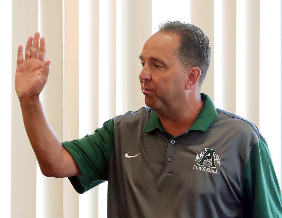 Aurora football coach Bob Mihalik during the 2023 Suburban League football media day on July 27 in Cuyahoga Falls.