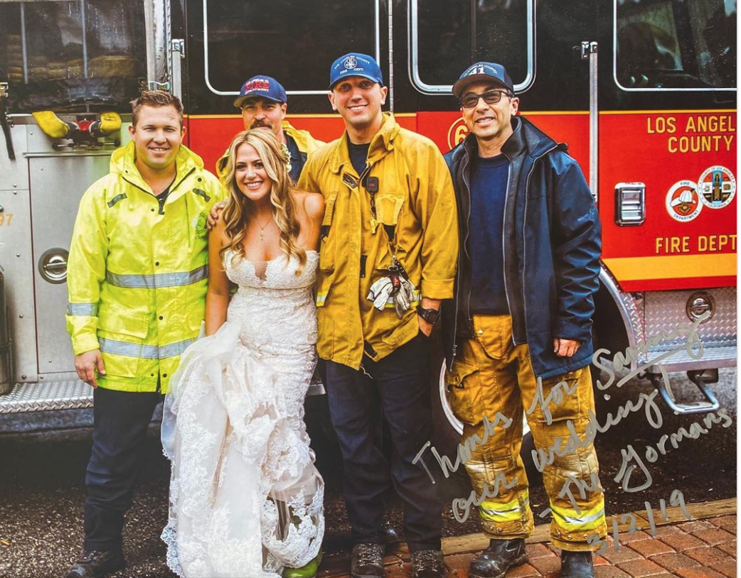 A stranded bride who was attempting to get to her wedding ceremony back in March had a special arrival complete with flashing lights and a fire engine, thanks to the Los Angeles County Firefighters. (Photo: courtesy of Los Angeles County Firefighters)