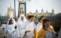 <p>Members of The Druid Order celebrate the spring equinox with a ceremony at Tower Hill, London. The Spring Equinox, which celebrates new life, fertility, and when daytime and night are of equal duration, is celebrated at numerous locations throughout the country.</p>