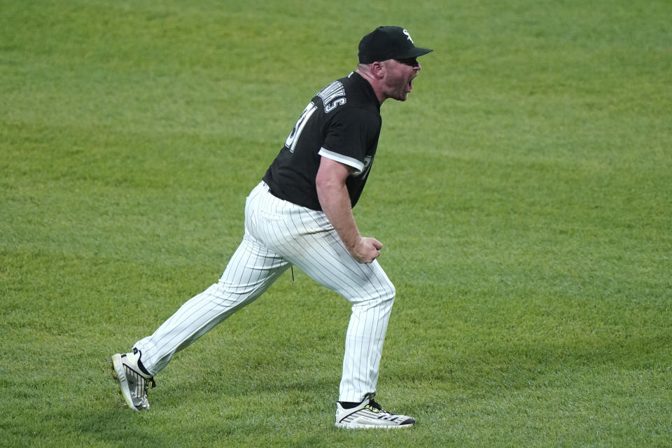 Chicago White Sox relief pitcher Liam Hendriks reacts after the Chicago White Sox defeated the Toronto Blue Jays 5-2 in a baseball game in Chicago, Thursday, June 10, 2021. (AP Photo/Nam Y. Huh)