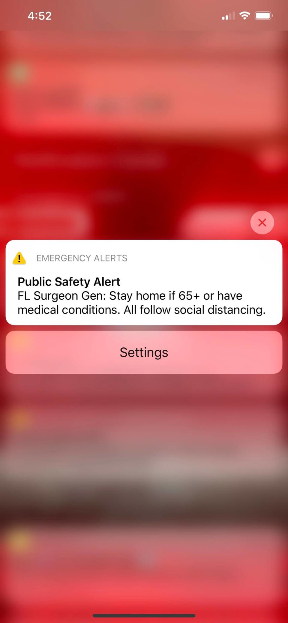 Florida issues its first emergency text alert since the beginnign of the coronavirus outbreak. It urged those 65 and older or have medical conditions to stay inside, and everyone else to social distance.