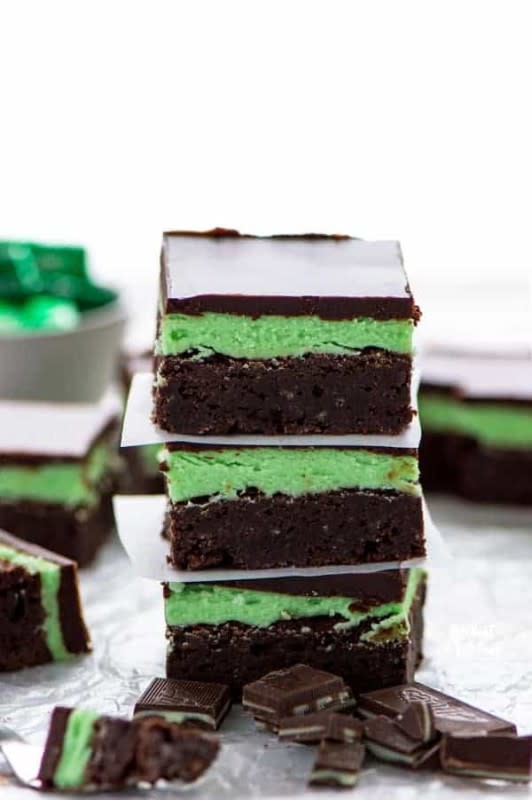 <p>What the Fork</p><p>Thick, fudgy and flourless. These jolly green brownies with homemade mint buttercream and chocolate ganache – these gluten-free mint brownies are the ultimate St. Patrick's day treat. The chocolate brownie batter includes melted Andes Creme De Menthe baking chips for terrific mint flavor.</p><p><strong>Get the recipe: <a href="https://www.whattheforkfoodblog.com/2015/03/02/flourless-chocolate-mint-brownies/" rel="nofollow noopener" target="_blank" data-ylk="slk:Flourless Chocolate Mint Brownies;elm:context_link;itc:0;sec:content-canvas" class="link ">Flourless Chocolate Mint Brownies</a></strong></p><p><strong>Related: </strong><strong><a href="https://www.yahoo.com/lifestyle/copycat-mcdonalds-shamrock-shake-ultimate-210648136.html" data-ylk="slk:Copycat McDonald's Shamrock Shake Recipe;elm:context_link;itc:0;sec:content-canvas;outcm:mb_qualified_link;_E:mb_qualified_link;ct:story;" class="link  yahoo-link">Copycat McDonald's Shamrock Shake Recipe</a></strong></p>