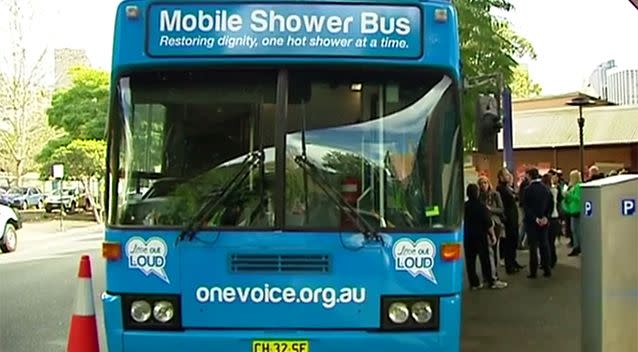 The mobile shower bus made its first stop in Sydney city. Photo: 7 News