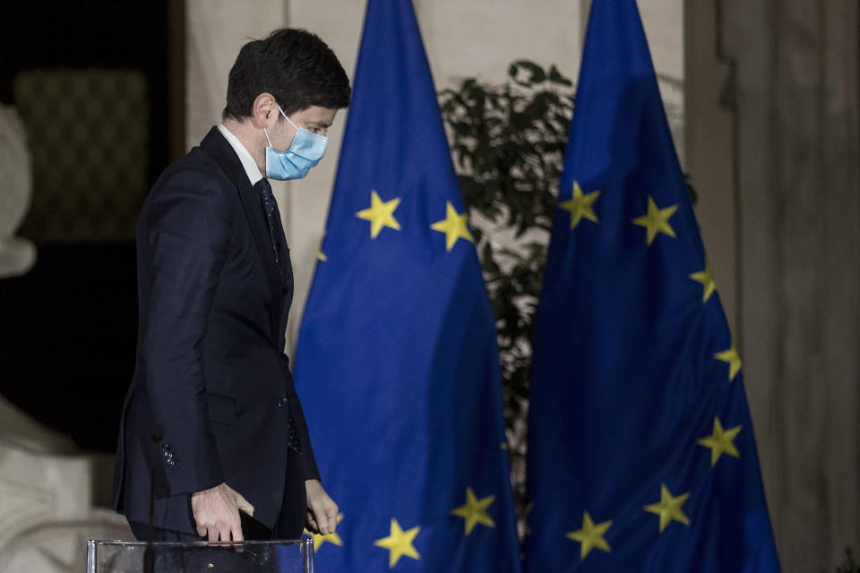 Italian Health Minister Roberto Speranza arrives to meet the media and illustrate the government's new measures to curb the spread of COVID-19 in Rome, Tuesday, March 2, 2021. The first anti-pandemic decree from Italy’s new premier, Mario Draghi, tightens measures governing school attendance while easing restrictions on museums, theaters and cinemas. (Roberto Monaldo/LaPresse via AP)