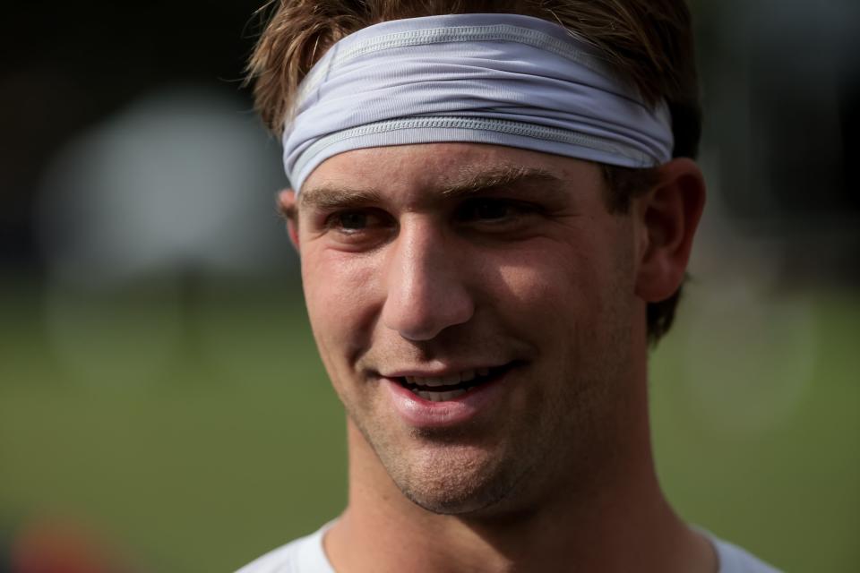 BYU quarterback Kedon Slovis talks to journalists after practice at Brigham Young University in Provo on Tuesday, Aug. 1, 2023. | Spenser Heaps, Deseret News