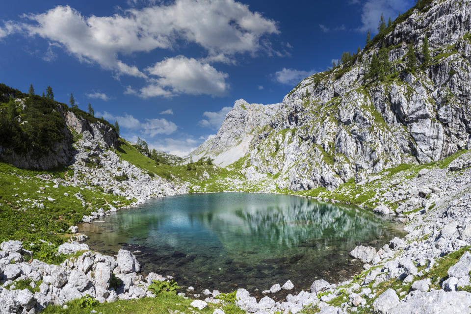 A glacial lake surrounded by cliffs