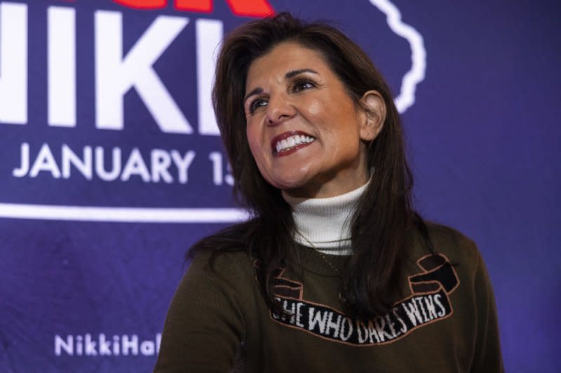 Former South Carolina Gov. Nikki Haley greets supporters after speaking at Second State Brewing Company in Cedar Falls, Iowa, on Saturday. Haley and Florida Gov. Ron DeSantis are criss-crossing the state in the final days before its first-in-the-nation caucus on Monday. Photo by Jim Lo Scalzo/EPA-EFE