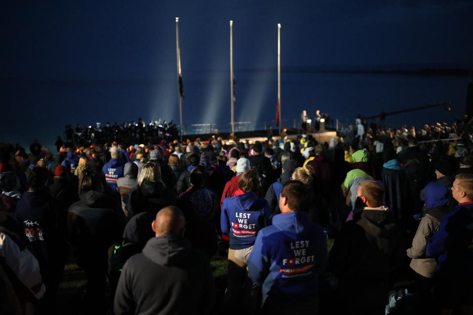 People attend he Dawn Service ceremony at the Anzac Cove beach, the site of World War I landing of the ANZACs (Australian and New Zealand Army Corps) on April 25, 1915, in Gallipoli peninsula, Turkey, early Thursday, April 25, 2019. As dawn broke, families of soldiers, leaders and visitors gathered near former battlefields, honouring thousands of Australians and New Zealanders who fought in the Gallipoli campaign of World War I on the ill-fated British-led invasion. The doomed Allied offensive to secure a naval route from the Mediterranean to Istanbul through the Dardanelles, and take the Ottomans out of the war, resulted in over 130,000 deaths on both sides.(AP Photo/Emrah Gurel)