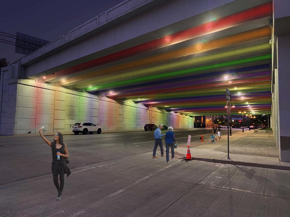 An LED lighting system is coming this year to the undersides of two downtown interstate overpasses on Main and Market streets downtown, as seen in this rendering of the finished project.