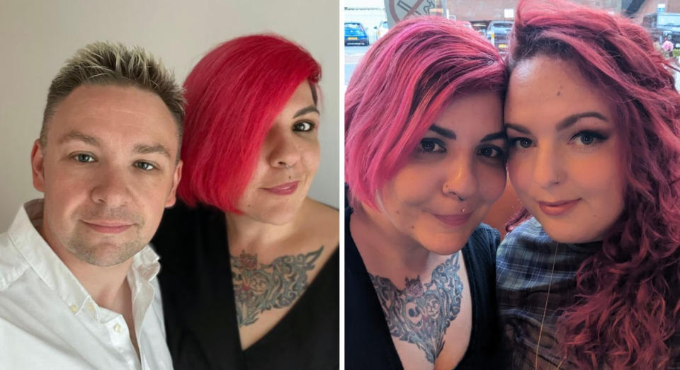 Emma Elliott is polyamorous, pictured with her boyfriend James (on left) and girlfriend Gin (on right). (Supplied)