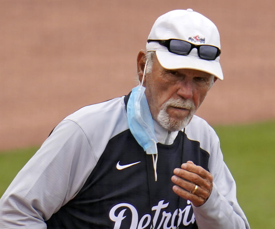 FILE - Former Detroit Tigers manager Jim Leyland watches batting practice before a spring training exhibition baseball game between the Philadelphia Phillies and the Tigers in Clearwater, Fla., March 21, 2021. Sixteen members of the contemporary era Hall of Fame committee will consider an eight-man Hall ballot that includes managers Lou Piniella, Cito Gaston, Davey Johnson and Leyland. (AP Photo/Gene J. Puskar, File)