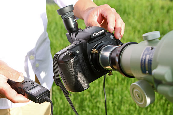 The best way to attach your digital SLR camera to the telescope is to use an appropriate T ring and T adapter for your camera brand. (Check with your local camera retailer.) Other helpful accessories include an electronic cable release to opera