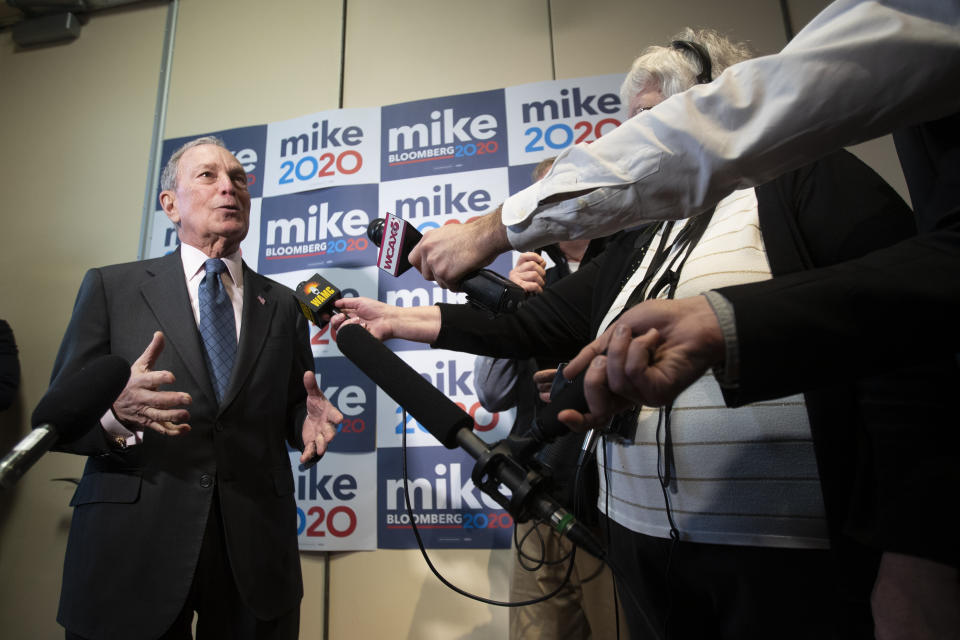 Democratic presidential candidate former New York City Mayor Michael Bloomberg speaks to reporters after a campaign event, Monday, Jan. 27, 2020, in Burlington, Vt. (AP Photo/Mary Altaffer)