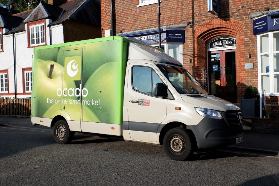 Chorleywood, Hertfordshire, England, UK - September 17th 2020: Ocado home delivery van supplying groceries to family home during the Coronavirus pandemic