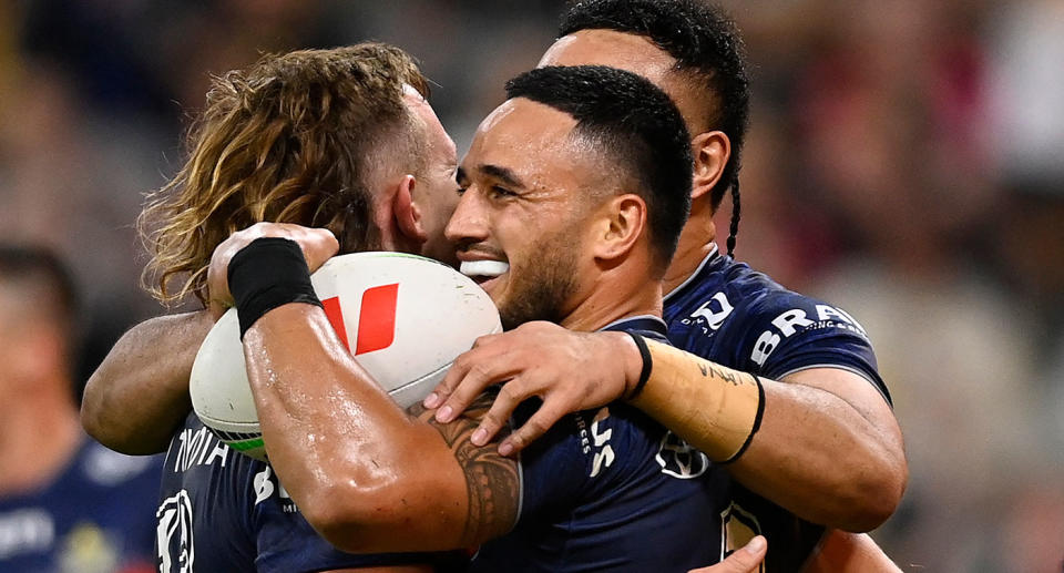 Seen here, Valentine Holmes celebrates with Cowboys teammates during the win over the Tigers in the NRL. 