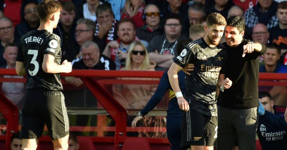 Kieran Tierney, Jorginho and Mikel Arteta of Arsenal Credit: Alamy